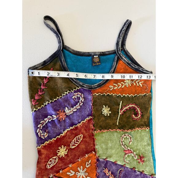 Women's Patchwork Hand-dyed Embroidered 100% Cotton Botanical Tank Top Shirt Med - Picture 3 of 6